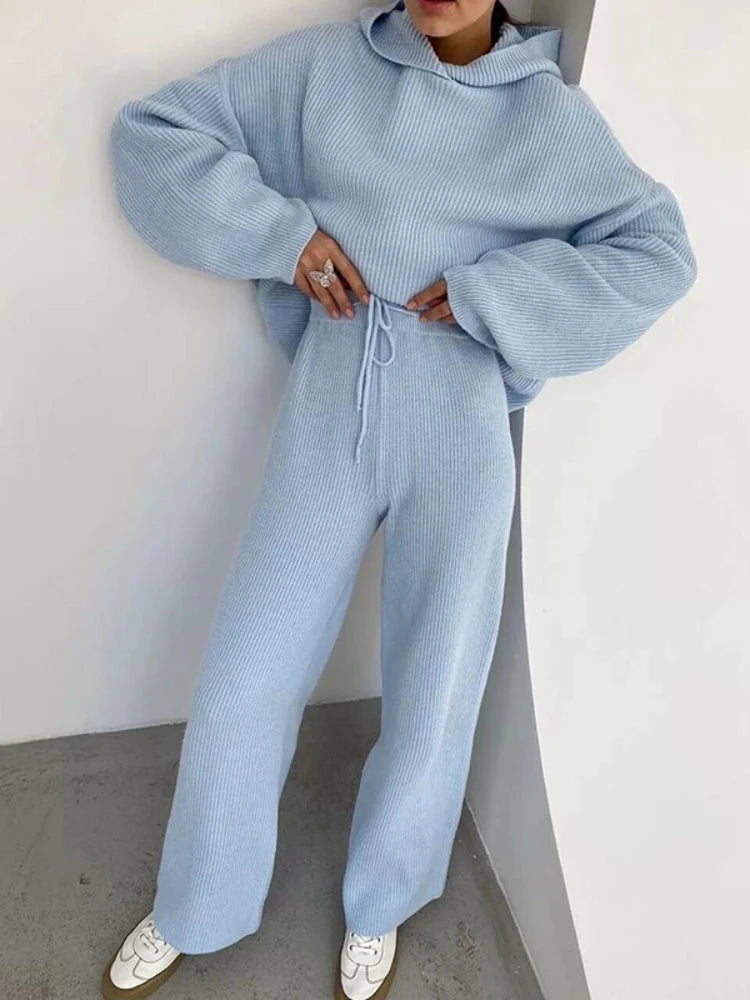 Muslim Women Two Piece Sets Women Homewear Rib Knitted Soft Pajamas Casual Loose Hooded Tops And Wide Leg Pants Suit Sportswear