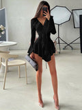 Women's Ruffle Mini Dress - Elegant V-Neck Long Sleeve Party Dress
