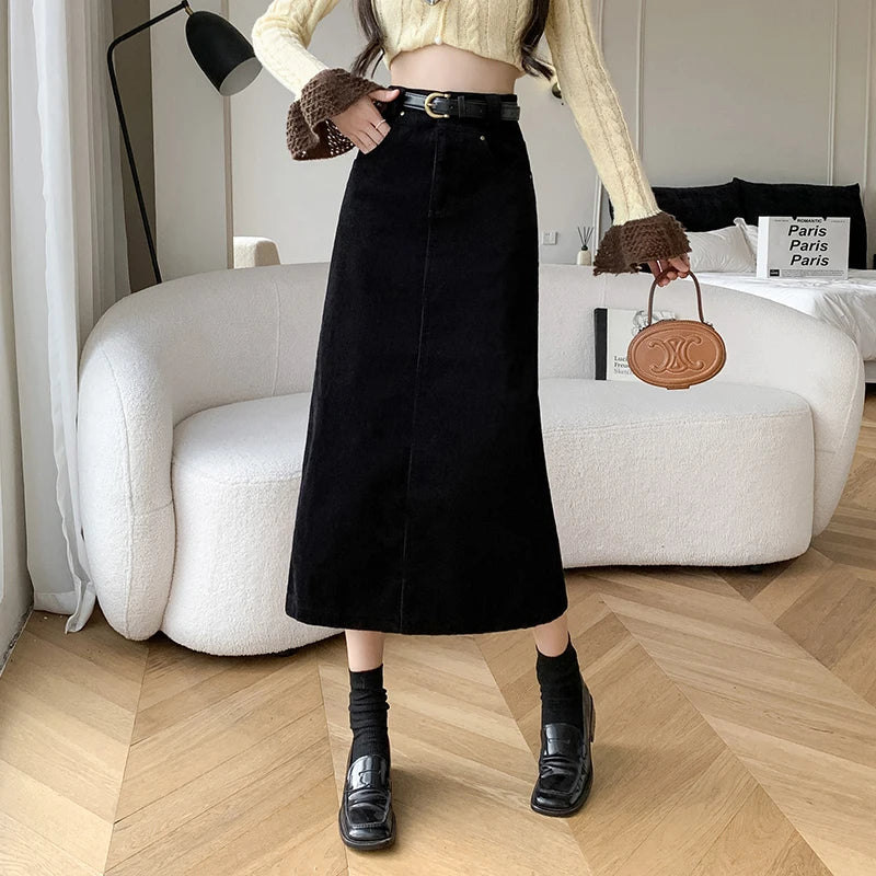 Winter Corduroy Women's Long Skirt Woman Vintage High Waist Wrap Cargo Bodycon Skirts With Belt A-line Black Brown Faldas Largas