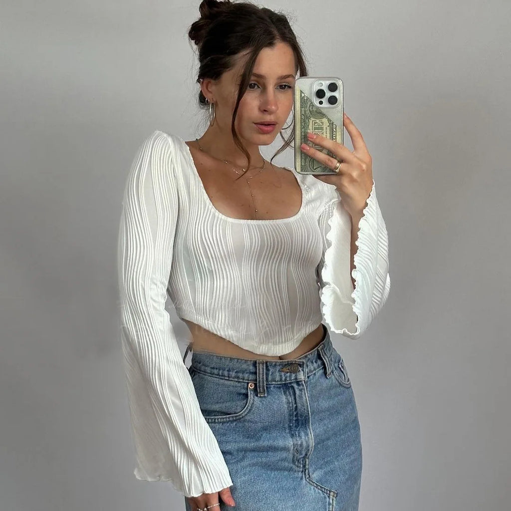 Asymmetric Flare Sleeve Texture Square Neck Tops for Women Fashion Sexy Slim Cropped Tops Pullover Fall Clothes