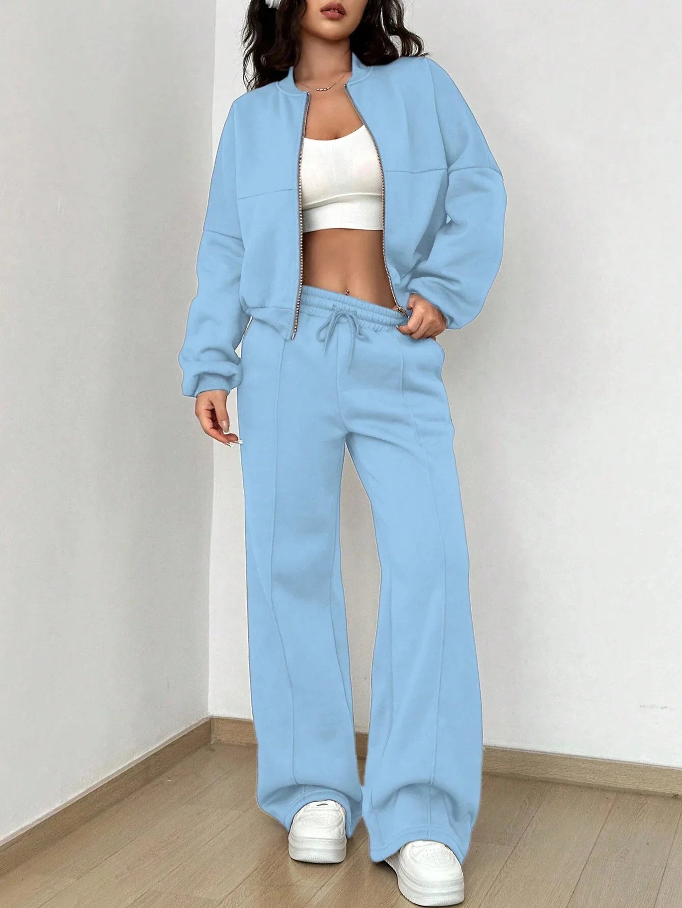 Grey Bomber Jacket Pant Women 2 Pieces Set Casual Long Sleeve Zipper Coat Casual Solid Sweatshirt Trousers Suit Fall Sportwear