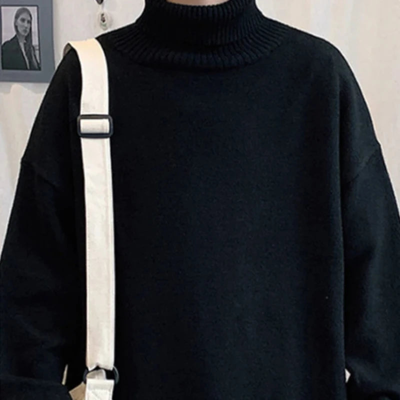 Men's Oversized Turtleneck Sweater - Casual Loose Fit Knitted Pullover