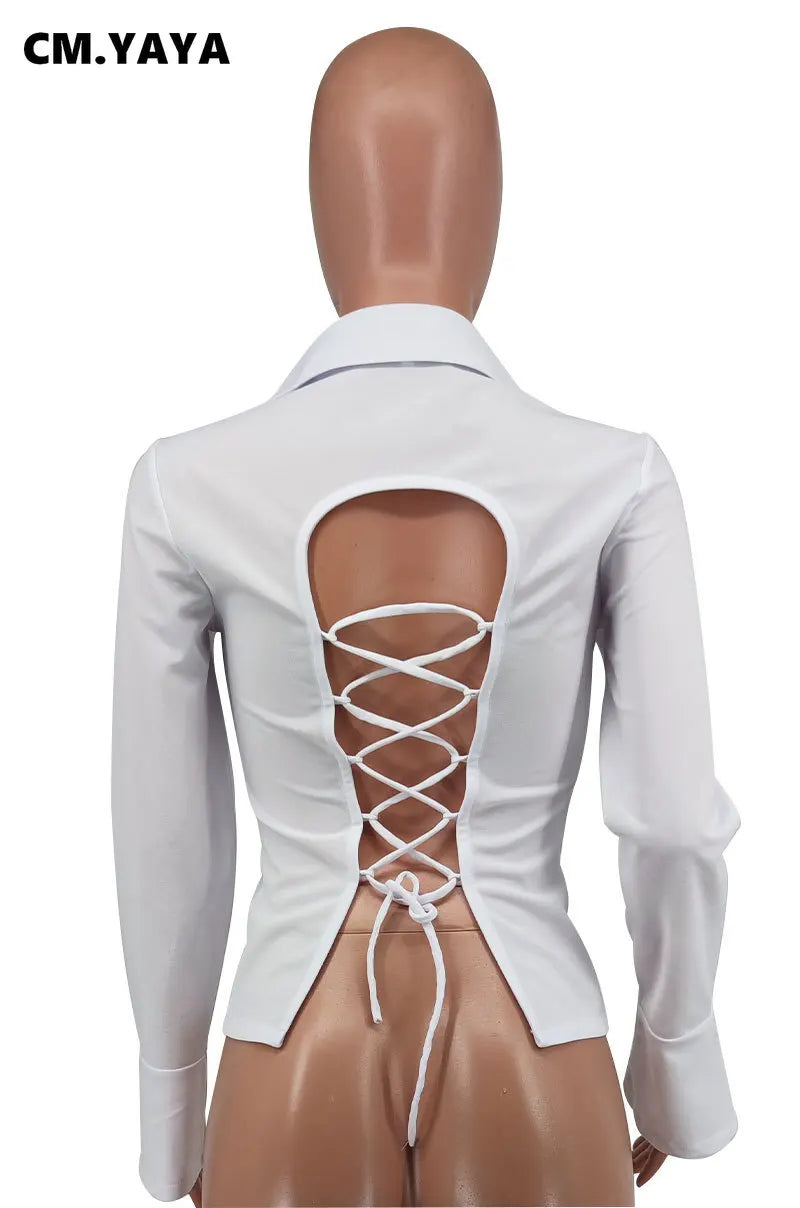 CM.YAYA Women Fashion Lace Up Backless Flare Long Sleeve Single Breasted Solid Streetwear Blazers Tops