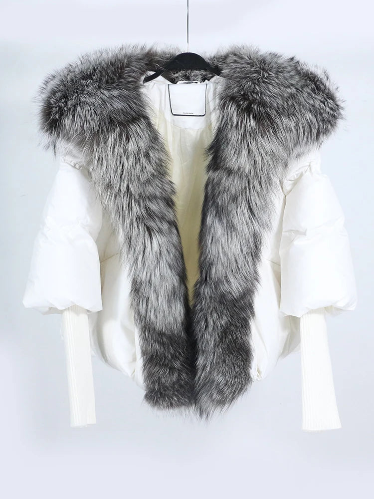 Loose Natural Real Fox Fur Collar Coat Thick New European Fashion White Duck Down Jacket Winter Women Warm Luxury Outerwear