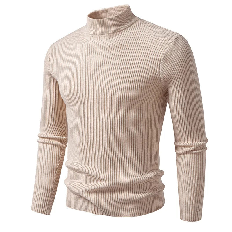 Slim Fit Men's Knitted Sweater Half High Collar Solid Color Base Layer