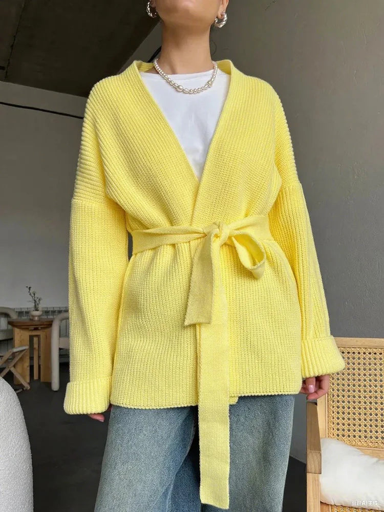 Elegant Ribbed Knit Lace-Up Cardigan Coat