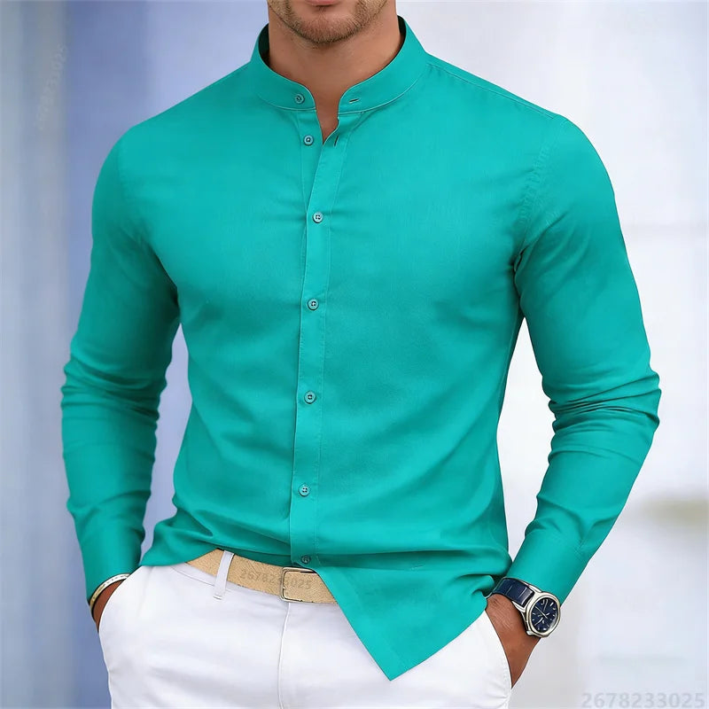 Men's Stand-Up Collar Long-Sleeve Shirt - Slim Fit Casual Business Shirt