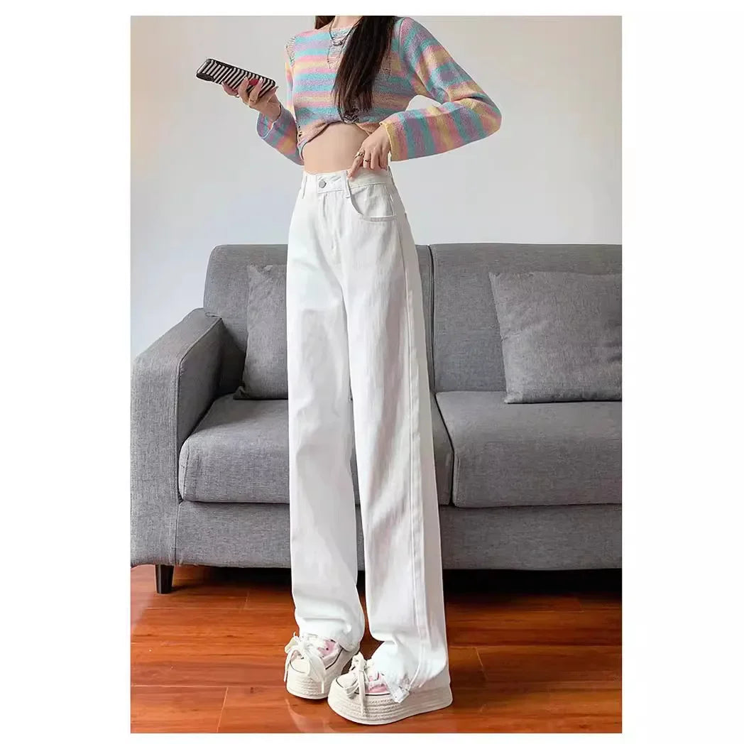 White High Waist Wide Leg Jeans Women's Loose