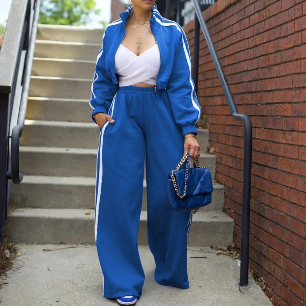 Women's 2-Piece Striped Tracksuit Set – Crop Jacket & Wide-Leg Pants