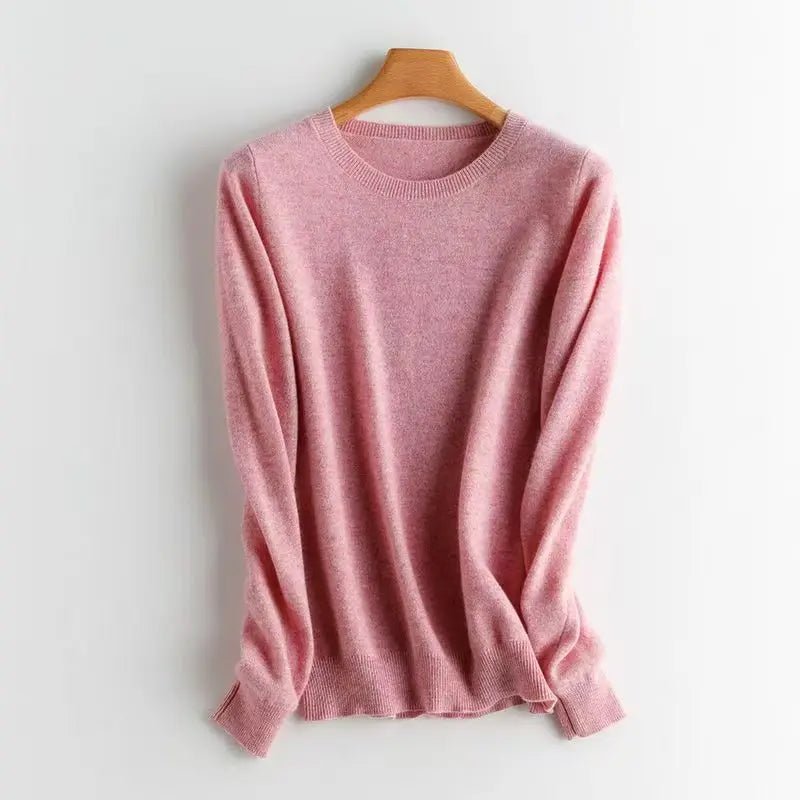 Women's 100% Wool Sweater Style Loose Fitting Pullover AutumnWinter Long Sleeved Solid Color Knit Jumper Round Neck Top
