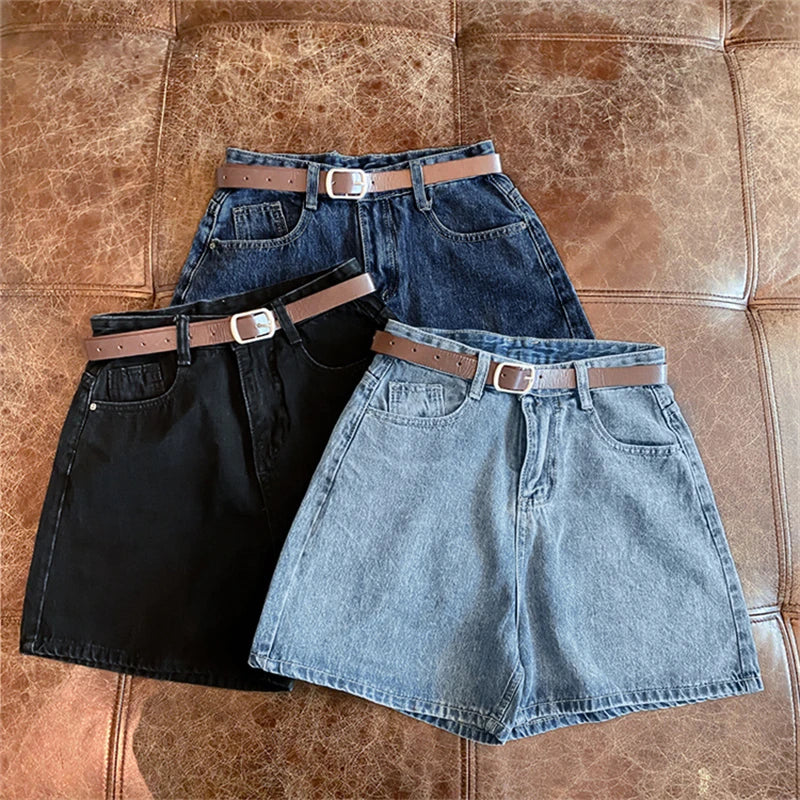 Denim Shorts Women's Summer New Wave High Waist Simple Slim Loose Wide Leg Joker A-pants Casual Straight Leg Pants Jeans