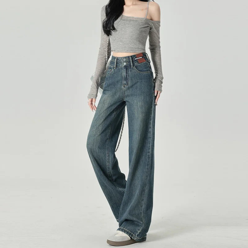 Women's High-Waisted Wide-Leg Jeans with Double-Button Closure
