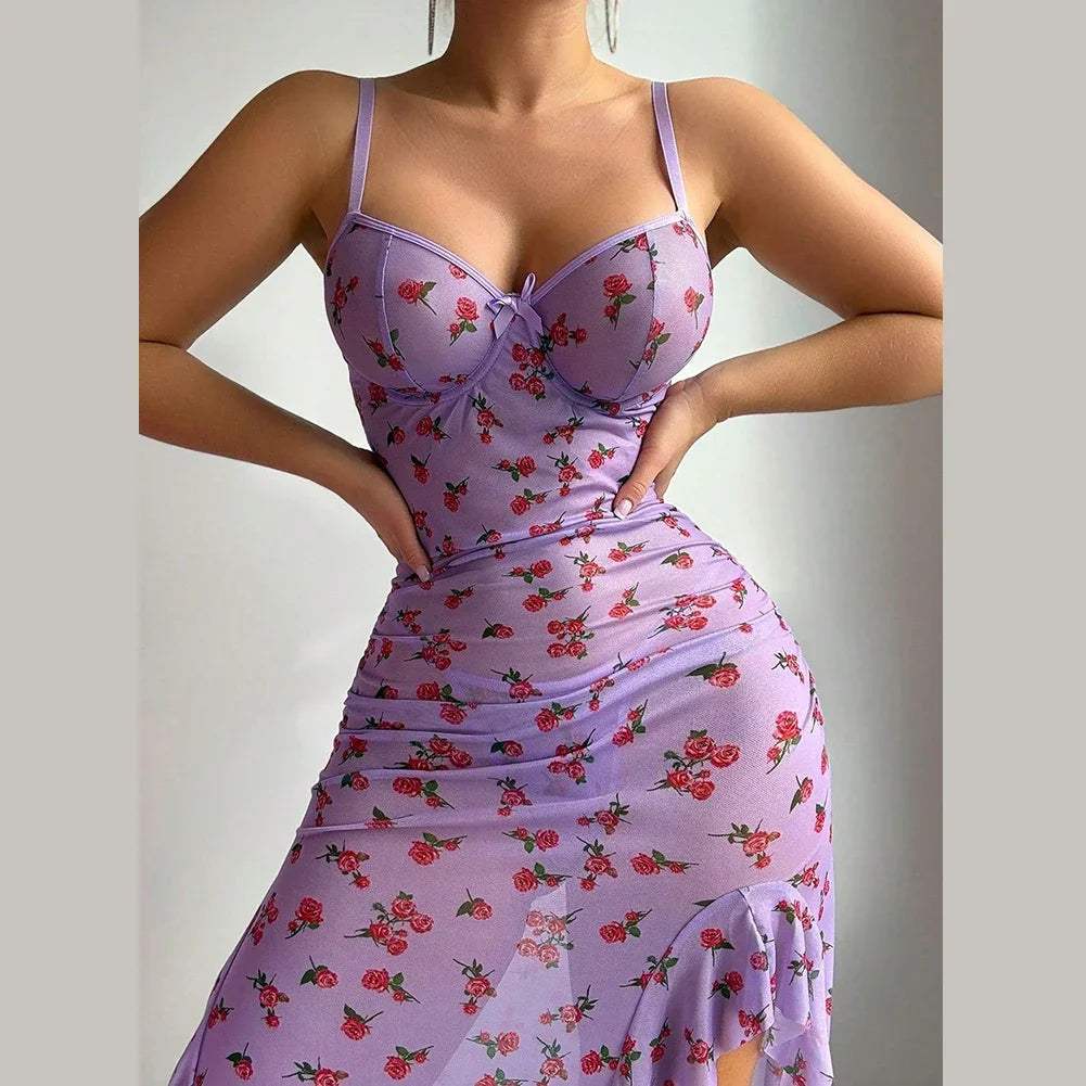 Women's Butterfly Print Maxi Dress - Slim Fit Slit Evening Lounge Dress