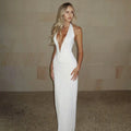 Women's Backless Halter Maxi Dress - Elegant V-Neck Ruched Long Dress