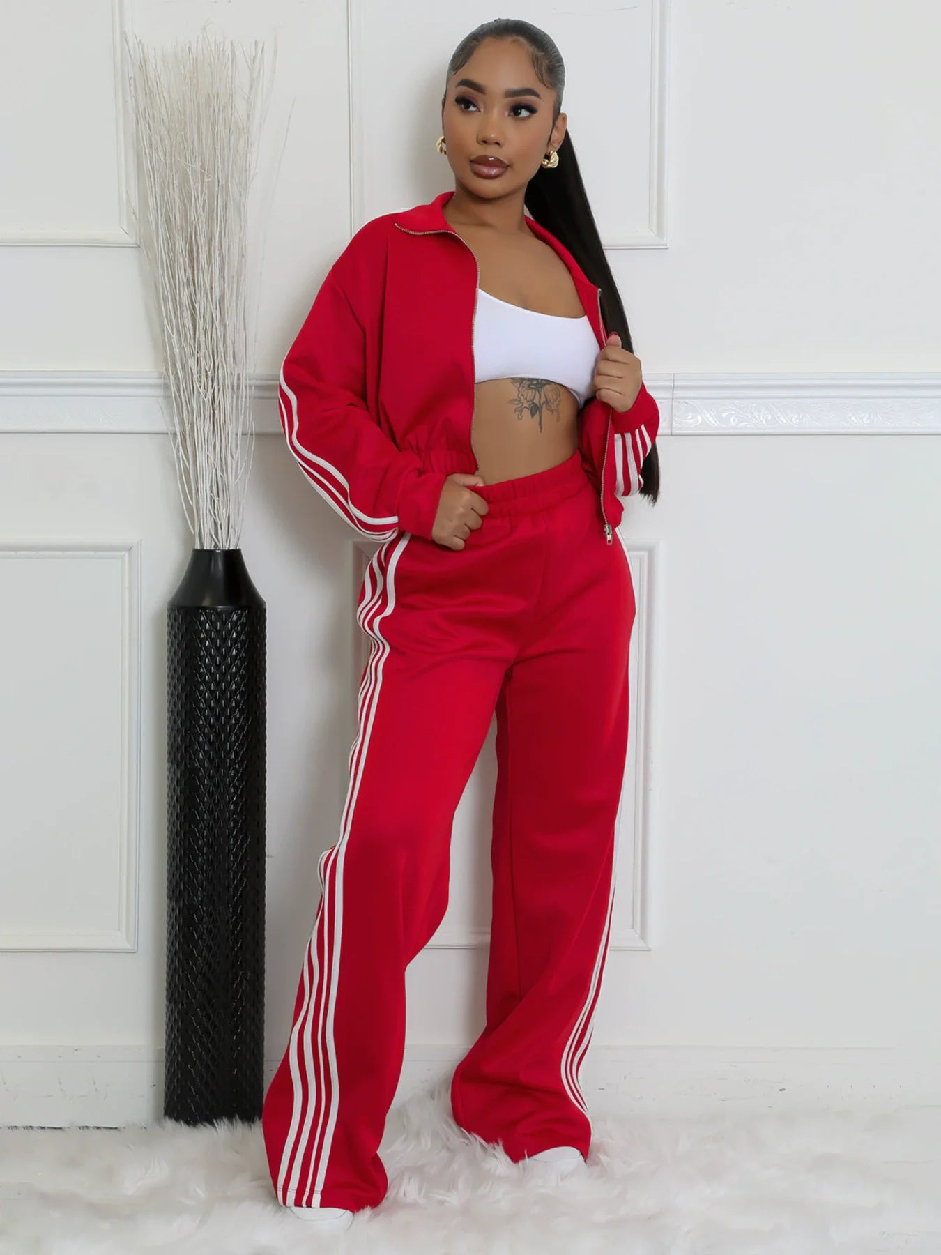 CM.YAYA  Active Women's Set Long Sleeve Striped Sweatshirt+Straight Pants 2024 Fall Street Two 2 Piece Sets Outfits Sportwear