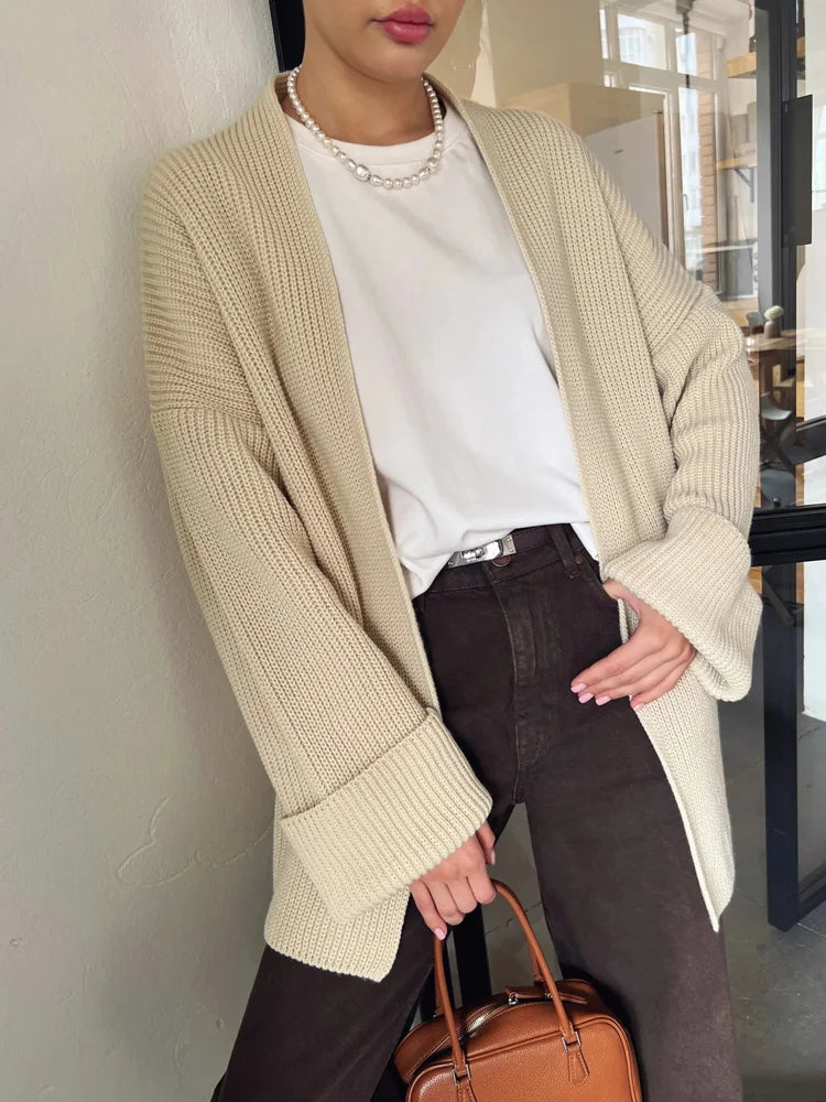Elegant Ribbed Knit Lace-Up Cardigan Coat