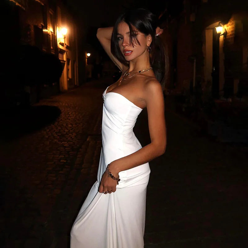 Sexy Strapless Elegant White Maxi Dress Outfits for Women Party Club Cut Out Long Sun Dresses Vacation Summer