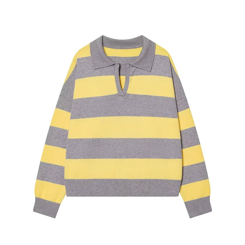 Women`s Striped Polo Neck Knitted Sweater - Casual Oversized Pullover