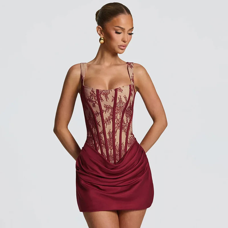 Lace Patchwork Corset Top Ruched Mini Skirt Dress Slim Fit Bodycon Sleeveless Elegant Birthday Party Summer Dresses 2026