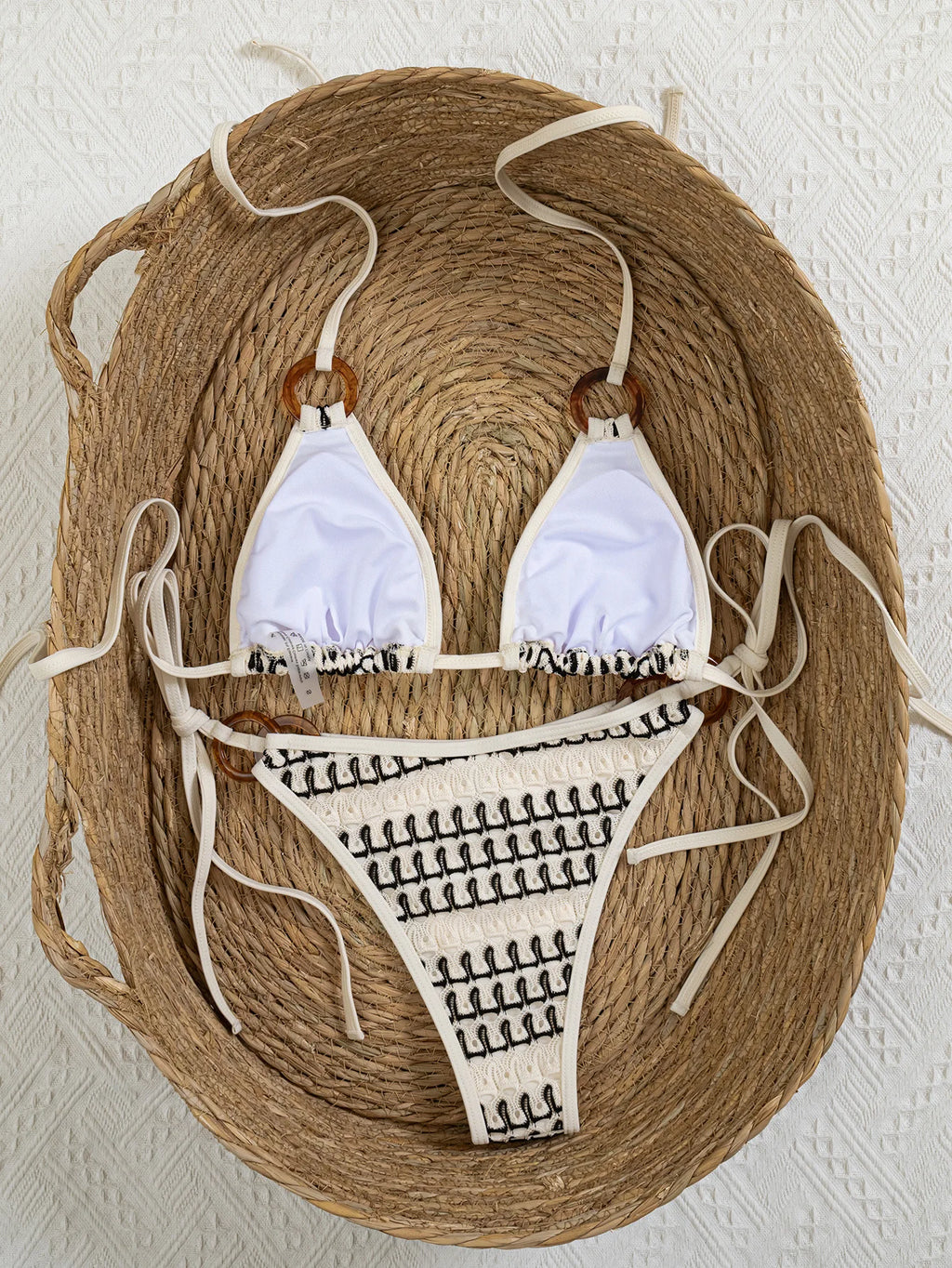 Sexy Beige Knitted Striped Bikini Set 2026 Women Circle Strap Push Up Bra Bandage Thong Swimsuit Bathing Suit Holiday Swimwear