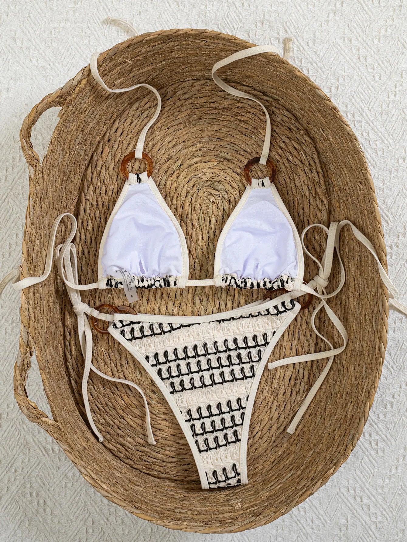 Sexy Beige Knitted Striped Bikini Set 2026 Women Circle Strap Push Up Bra Bandage Thong Swimsuit Bathing Suit Holiday Swimwear