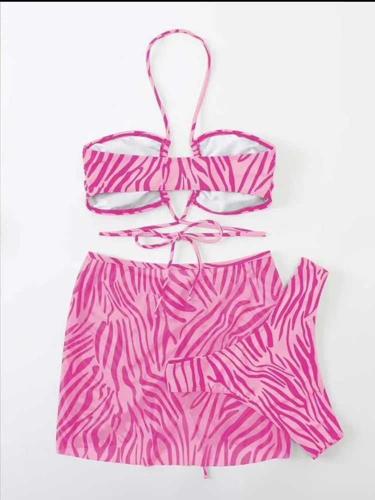 Vigorashely 2025 Sexy Leopard 3 Piece Mesh Skirt Bikini Set Women Swimsuit Halter Push UP Swimwear Backless Summer Bathing Suit