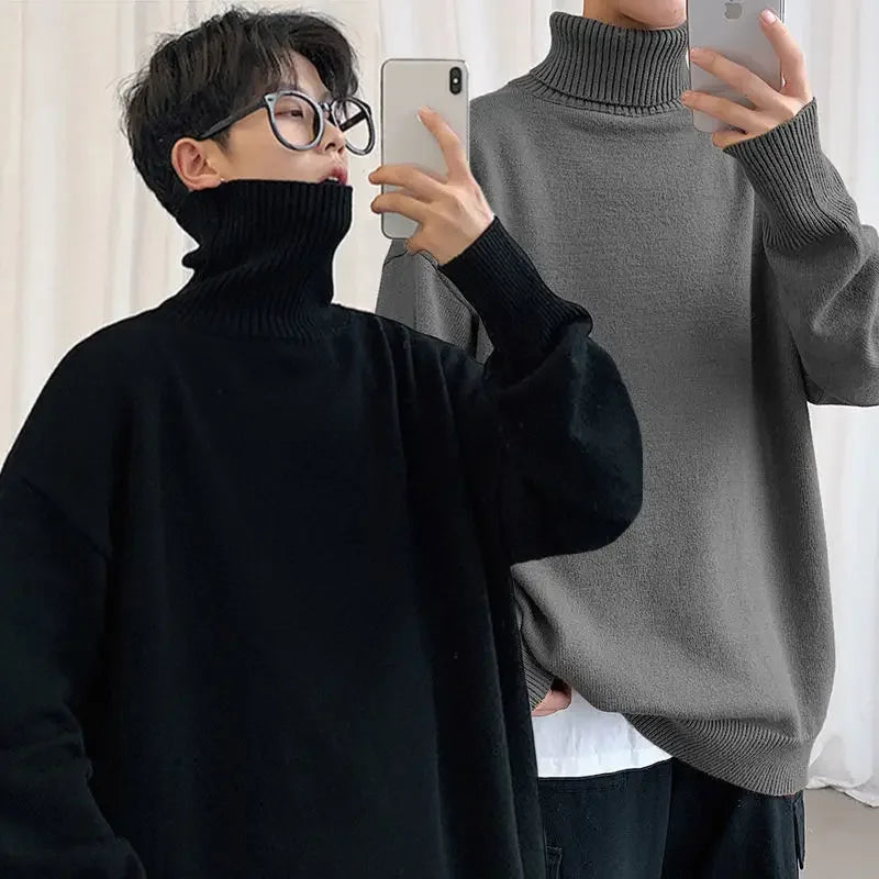 Men's Oversized Turtleneck Sweater - Casual Loose Fit Knitted Pullover
