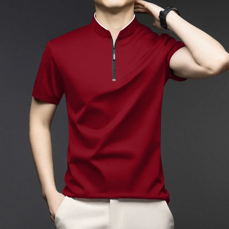 Men's Casual Zipper Polo Shirt - Slim Fit Short Sleeve Stand Collar Polo