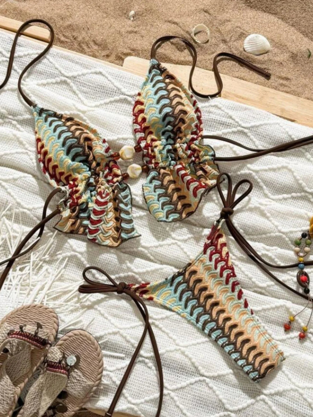 Sexy Coffee Striped Bikini Set 2026 Women Beaded String Hollow Out Crop Top Thong Swimsuit Summer Bathing Suit Holiday Swimwear