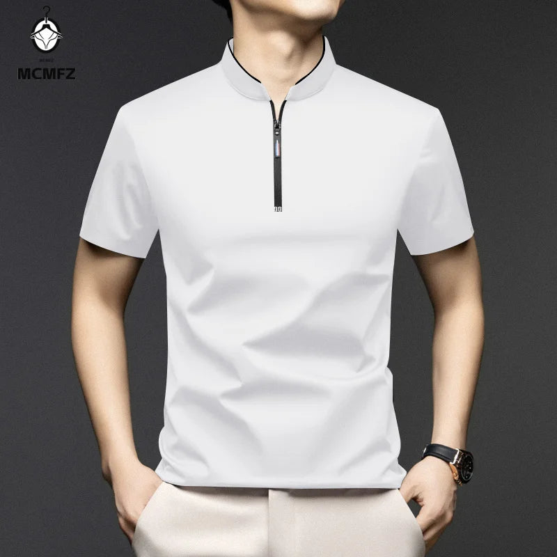 Men's Casual Zipper Polo Shirt - Slim Fit Short Sleeve Stand Collar Polo
