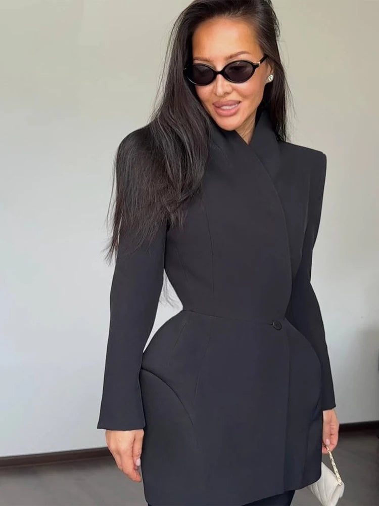 Waist Cinching Suit Jacket Women Elegant V-neck Full Sleeve Single Button Shoulder Pad Slim Coat Fashion Lady Commute Jackets