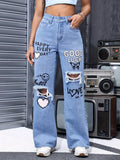 Women's Graphic Print Wide Leg Jeans - High Waisted Ripped Y2K Denim