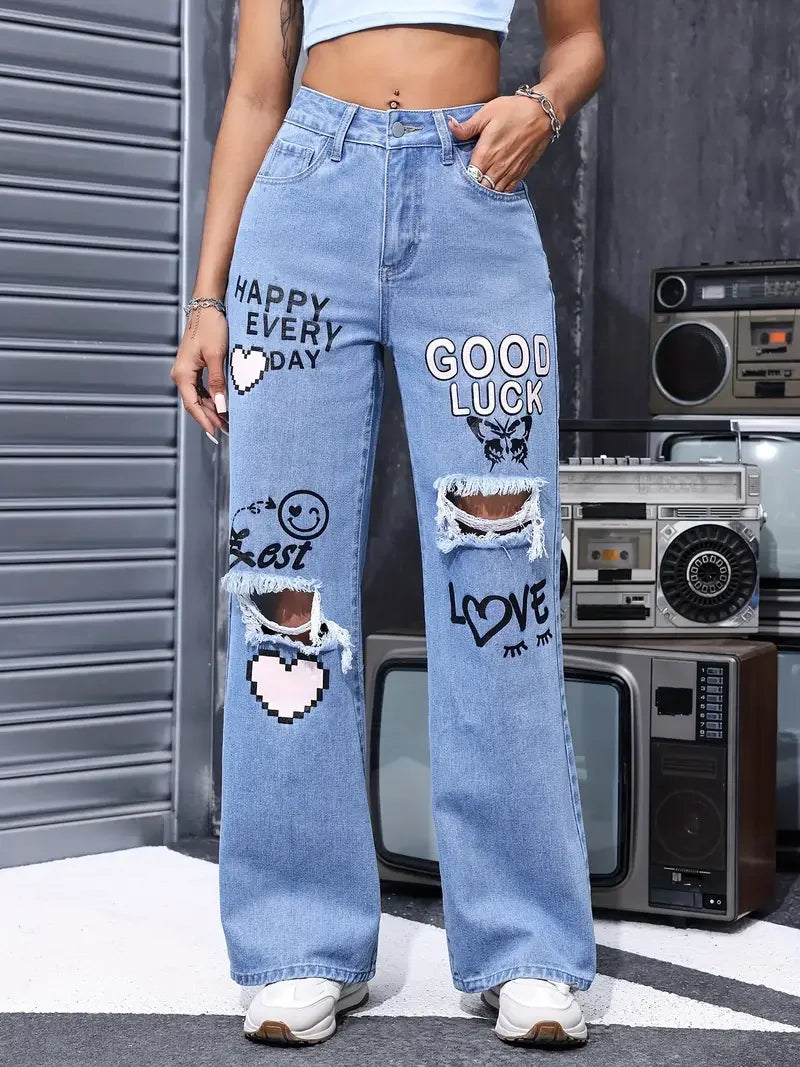 Women's Graphic Print Wide Leg Jeans - High Waisted Ripped Y2K Denim
