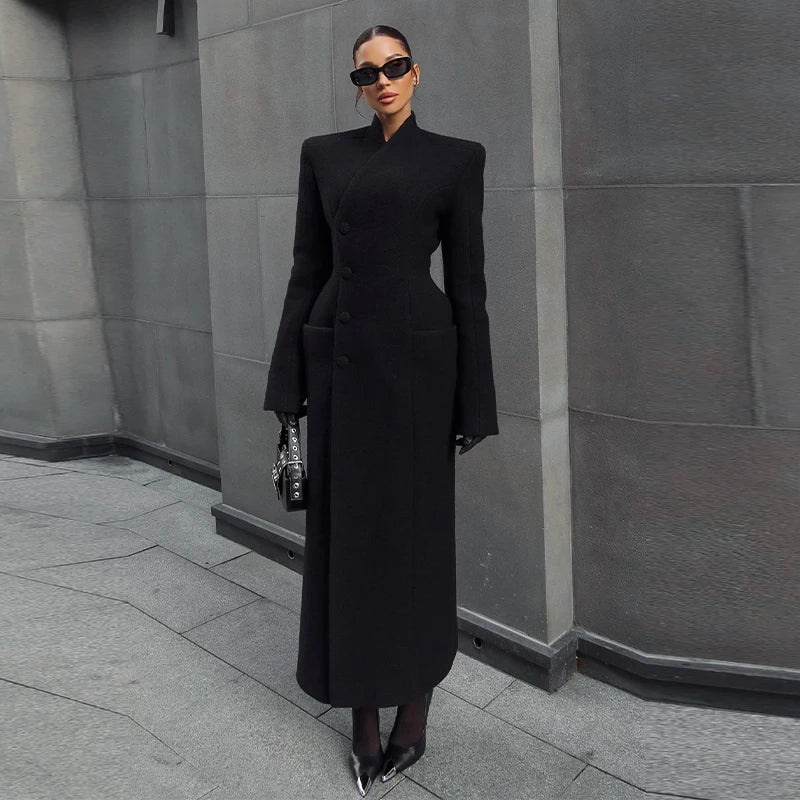 Faux Fur Parka Women Shoulder Pad Slim Waist Long Sleeves One Button Coats Female 2025 Winter Warm Solid Casual Outwears Lady