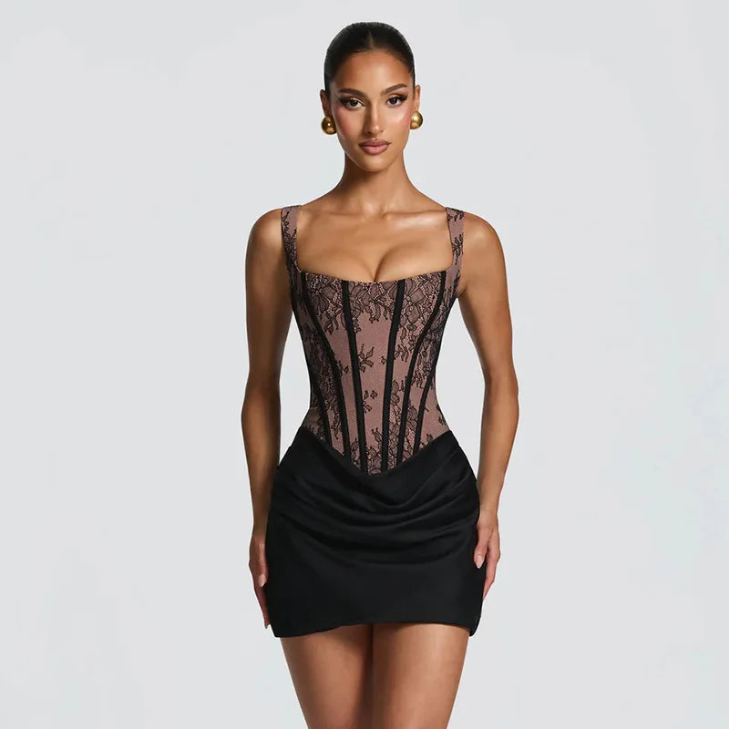 Lace Patchwork Corset Top Ruched Mini Skirt Dress Slim Fit Bodycon Sleeveless Elegant Birthday Party Summer Dresses 2026