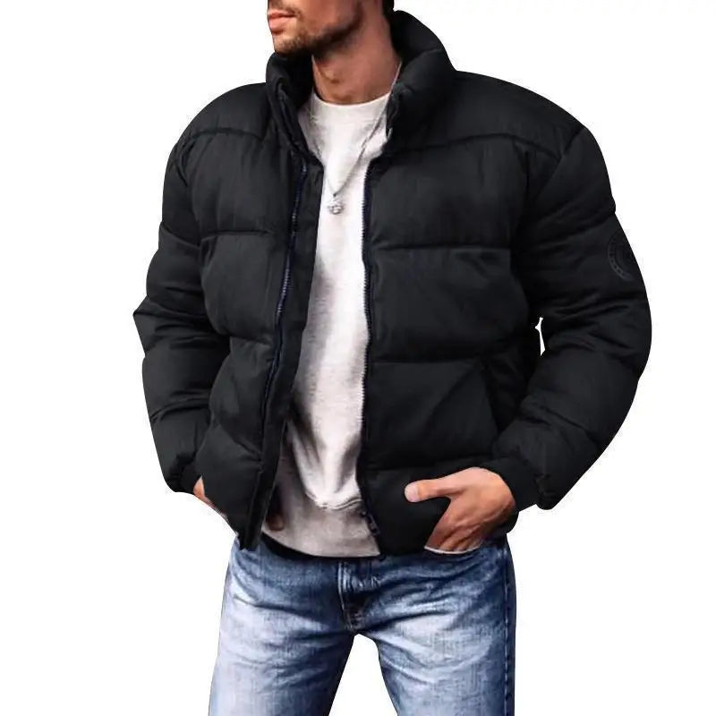 New 2025 Men's Winter Cotton Jacket Thickened down Stand Collar Coat Casual Sporty Polyester Filled Zipper Closure Solid Color