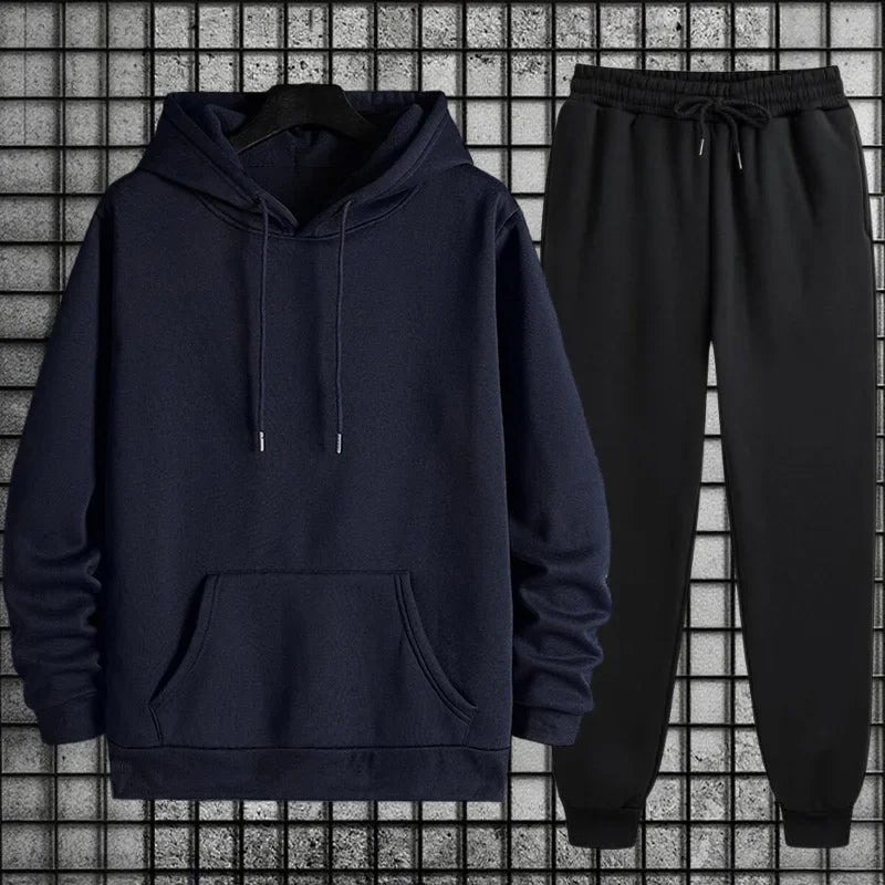 Autumn Winter Solid Color Hoodie and Sweatpants Men's Tracksuit Urban Casual Fashion Sportswear Male Daily Training Jogging Suit