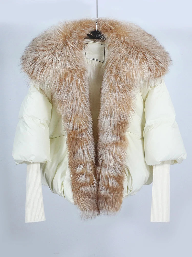 Loose Natural Real Fox Fur Collar Coat Thick New European Fashion White Duck Down Jacket Winter Women Warm Luxury Outerwear