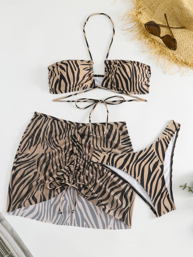 Vigorashely 2025 Sexy Leopard 3 Piece Mesh Skirt Bikini Set Women Swimsuit Halter Push UP Swimwear Backless Summer Bathing Suit