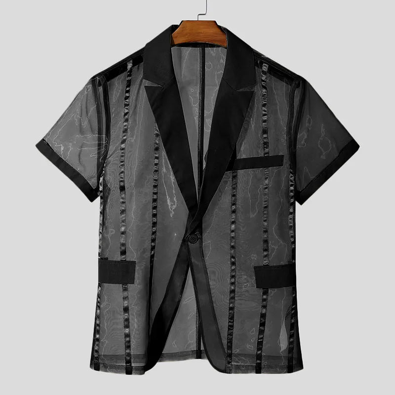 Men Blazer Striped Lapel Short Sleeve One Button Casual Suits Men Streetwear Mesh Patchwork Transparent Male Thin Coats INCERUN