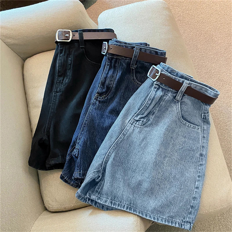 Denim Shorts Women's Summer New Wave High Waist Simple Slim Loose Wide Leg Joker A-pants Casual Straight Leg Pants Jeans