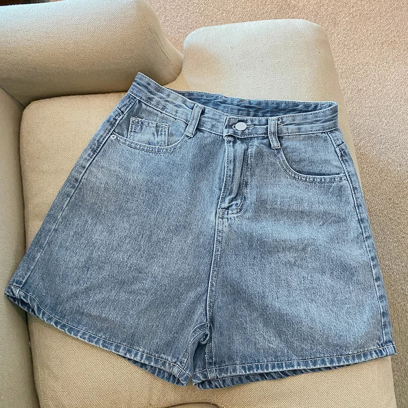 Denim Shorts Women's Summer New Wave High Waist Simple Slim Loose Wide Leg Joker A-pants Casual Straight Leg Pants Jeans