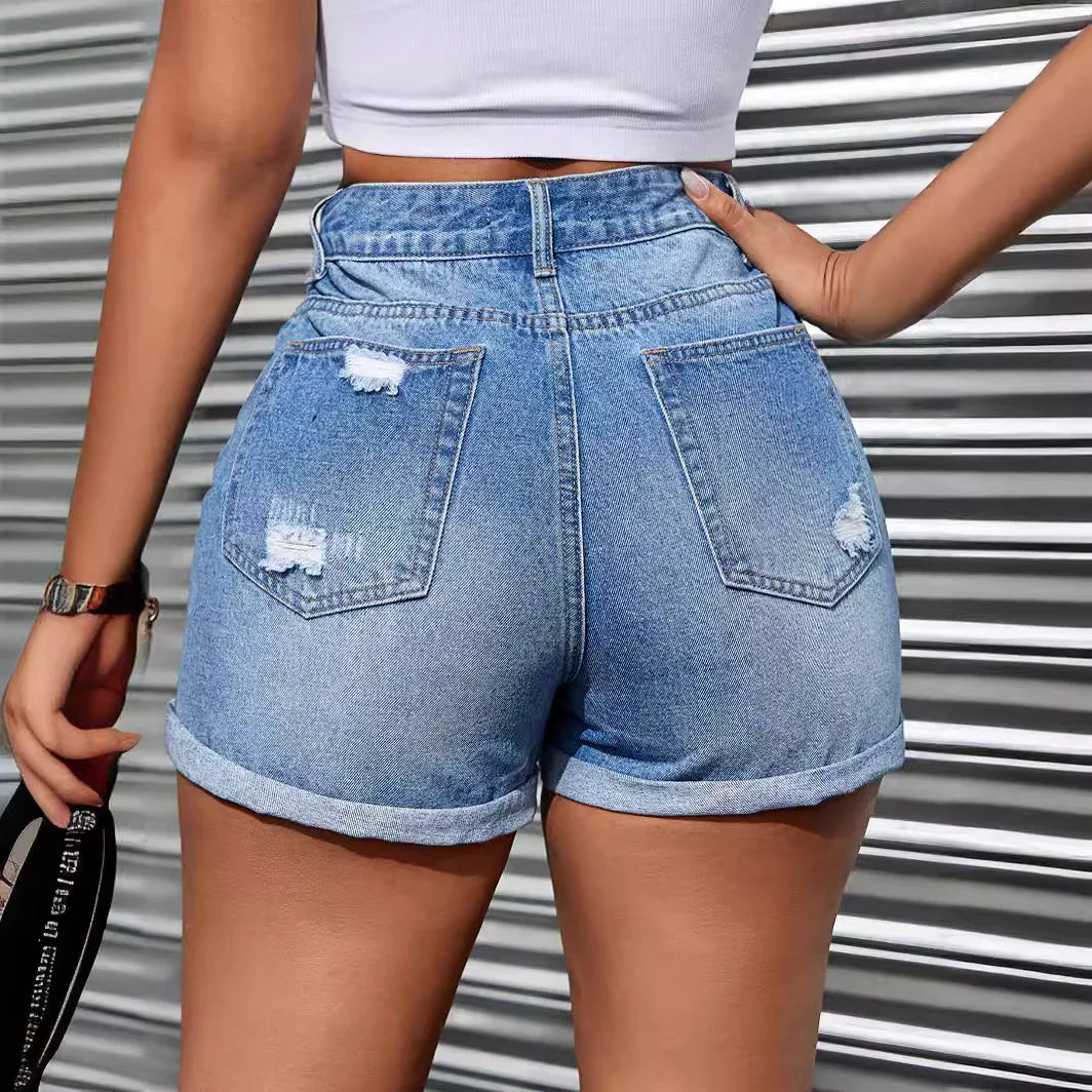 Denim Shorts Women Distressed Hole Jeans Washing High Waist Pockets Solid Vintage Short Pants Office Lady Casual 2025 Summer
