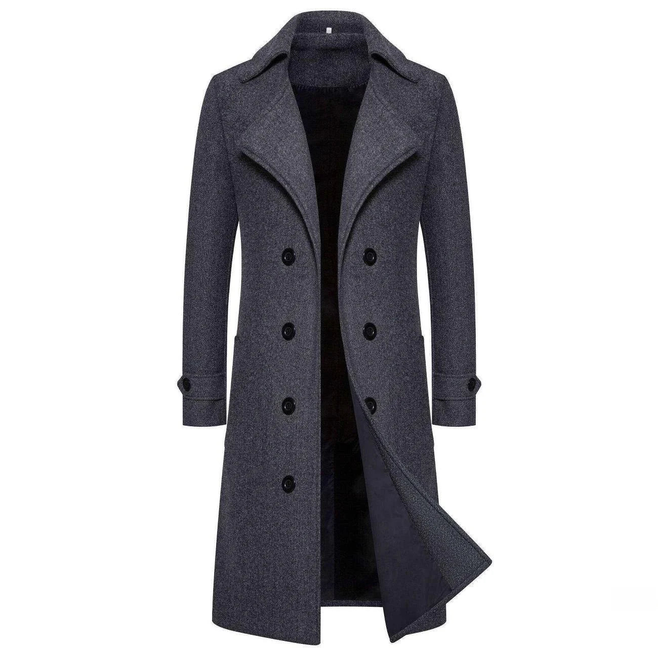 Men's Long Double-Breasted Woolen Coat Autumn Winter Fashion Slim Fit Windbreaker Coat Thickened Rabbit Fur Lined Sporty
