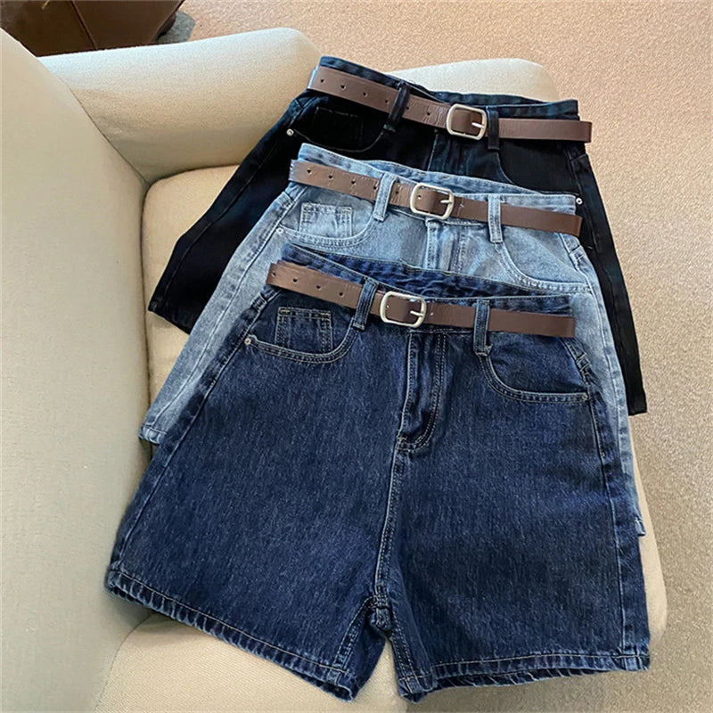 Denim Shorts Women's Summer New Wave High Waist Simple Slim Loose Wide Leg Joker A-pants Casual Straight Leg Pants Jeans