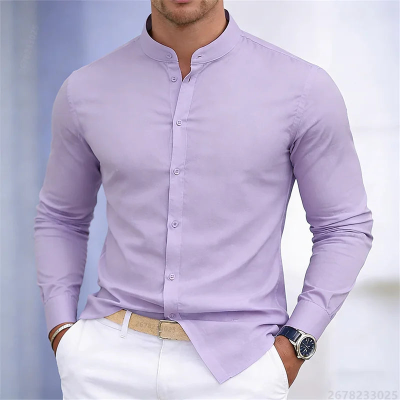 Men's Stand-Up Collar Long-Sleeve Shirt - Slim Fit Casual Business Shirt