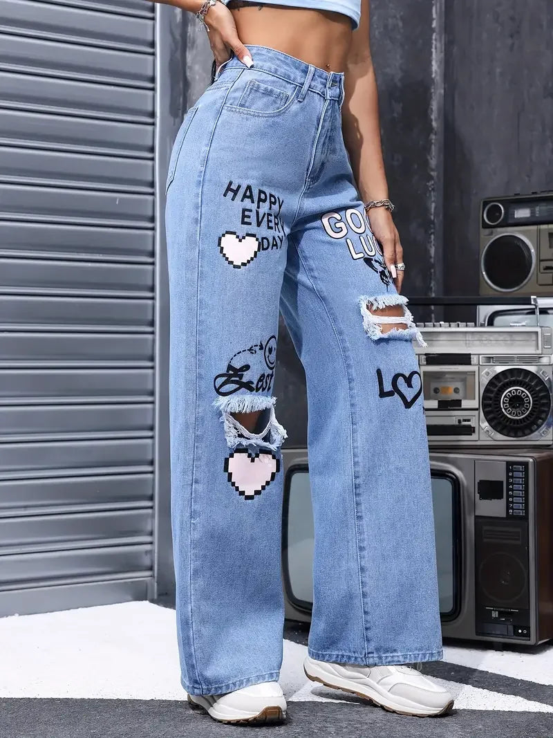 Women's Graphic Print Wide Leg Jeans - High Waisted Ripped Y2K Denim