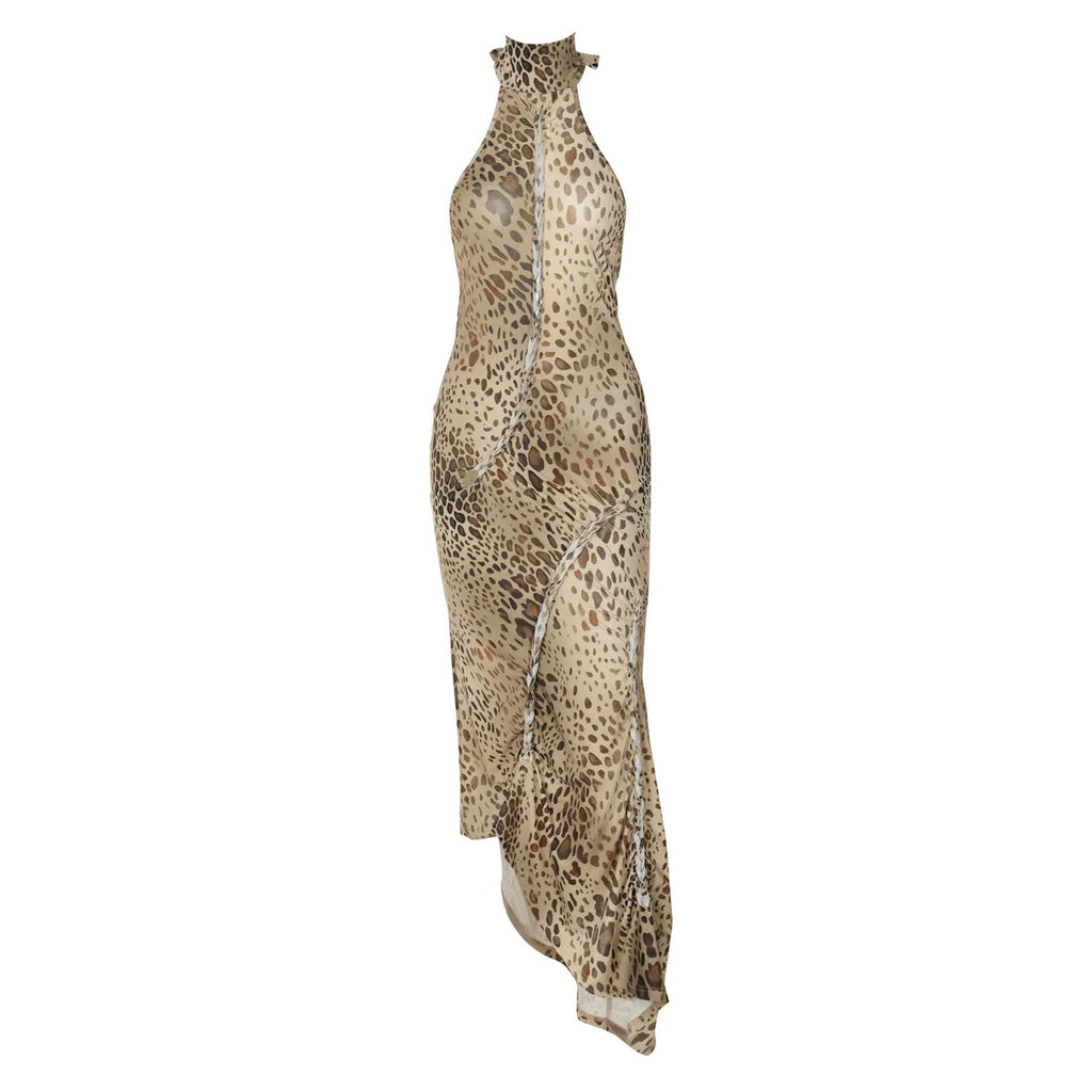 Fashion Halter Leopard Sexy Backless Maxi Dress Women Club Outfits Bandage Embellished Long Dresses Robe Clothes