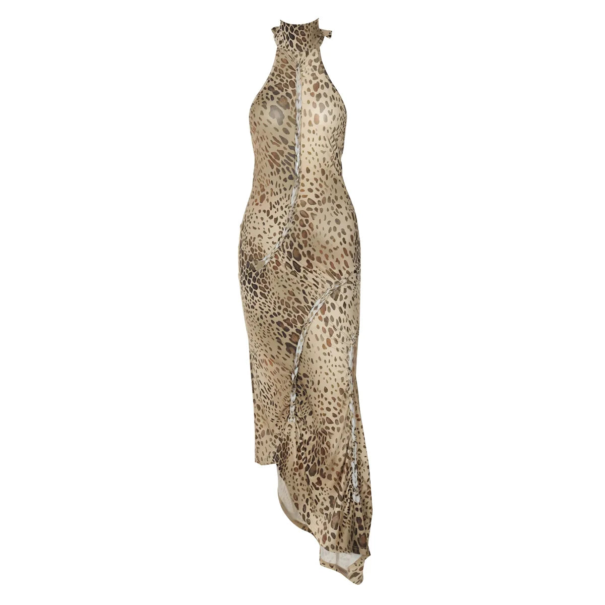Fashion Halter Leopard Sexy Backless Maxi Dress Women Club Outfits Bandage Embellished Long Dresses Robe Clothes
