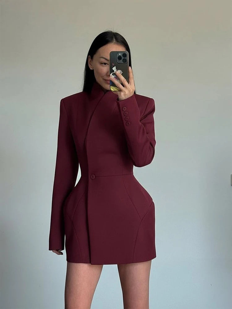 Waist Cinching Suit Jacket Women Elegant V-neck Full Sleeve Single Button Shoulder Pad Slim Coat Fashion Lady Commute Jackets